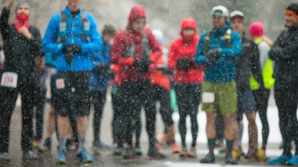 A rainy day at the starting line for a race.