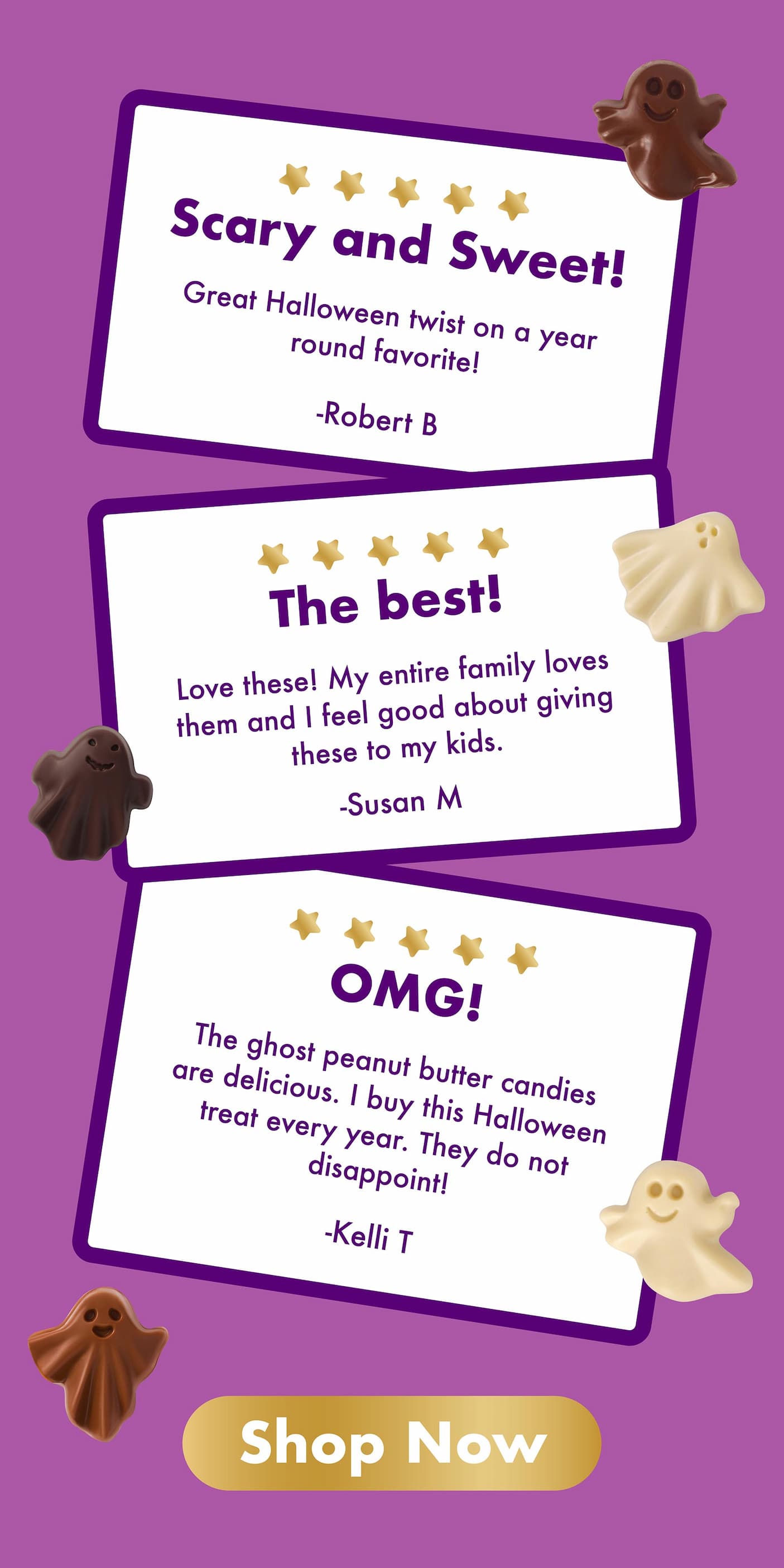 Customer reviews for ChocZero Peanut Butter Ghosts, a seasonal Halloween candy.