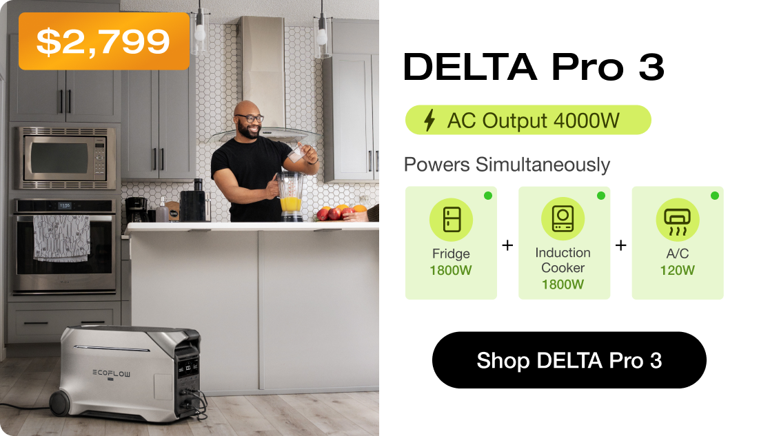 "DELTA Pro 3 $2,799" "AC Output 4000W" "Fridge 1800W"	"Induction Cooker 1800W"	"A/C 120W" Shop DELTA Pro 3	