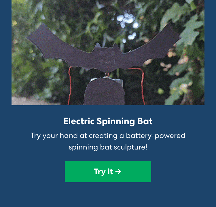 Electric Spinning Bat. Try your hand at creating a battery-powered spinning bat sculpture. A handmade bat sculpture spins outdoors among leafy branches. Try it ->