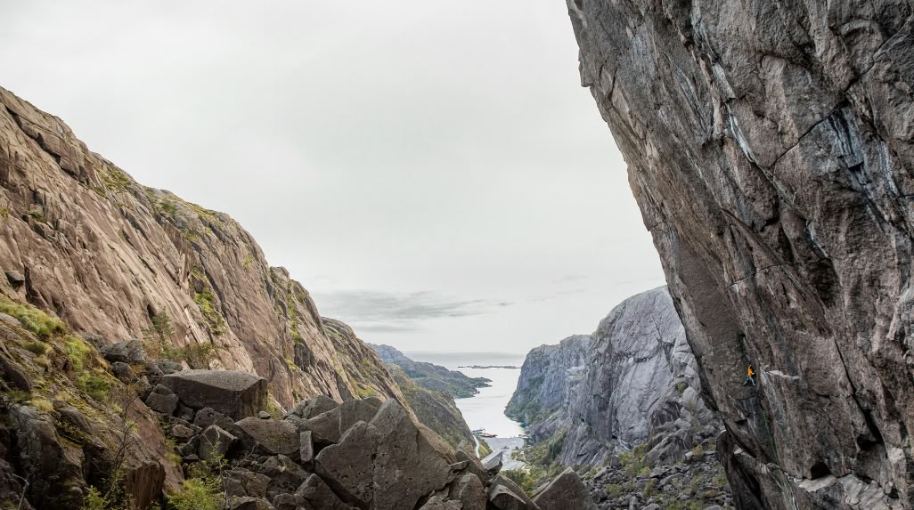 A climber on an overhanging route.