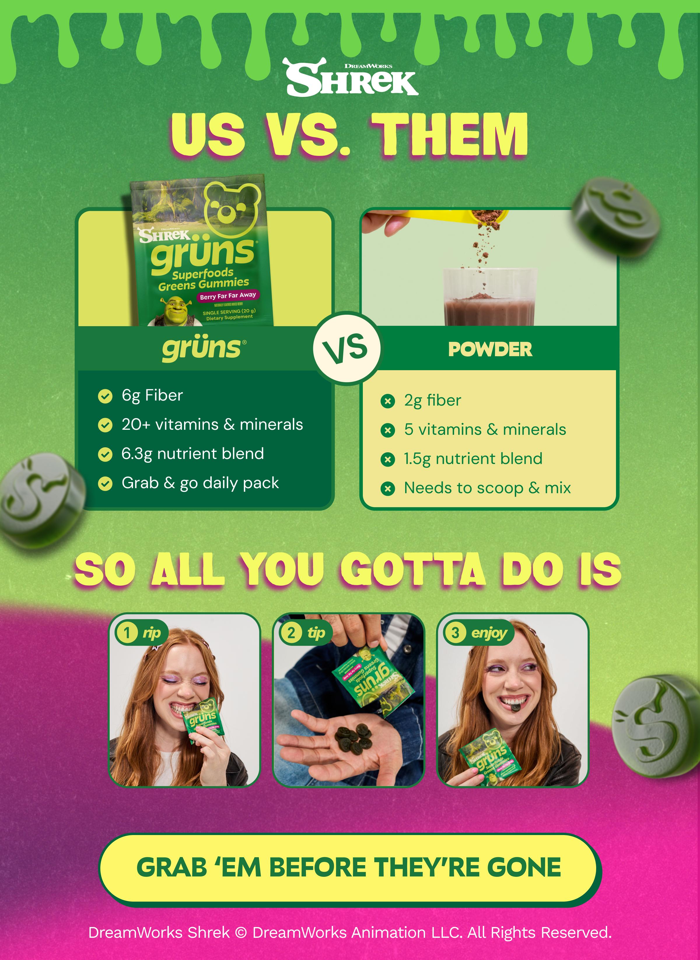 DreamWorks Shrek. Us Vs. Them. Gr&uuml;ns Vs. Powder. Gr&uuml;ns: 6g Fiber. 20+ Vitamins & Minerals. 6.3g Nutrient Blend. Grab & Go Daily Pack. Powder: 2g Fiber. 5 Vitamins & Minerals. 1.5g Nutrient Blend. Needs to Scoop & Mix. So All You Gotta Do Is. 1. Rip. 2. Tip. 3. Enjoy. Button: Grab &lsquo;Em Before They&rsquo;re Gone. DreamWorks Shrek &copy; DreamWorks Animation LLC. All Rights Reserved.