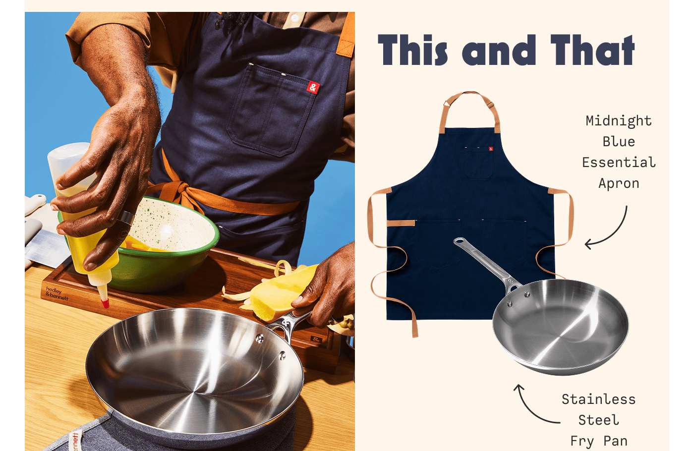 This and That | Midnight Blue Essential Apron | Stainless Steel Fry Pan