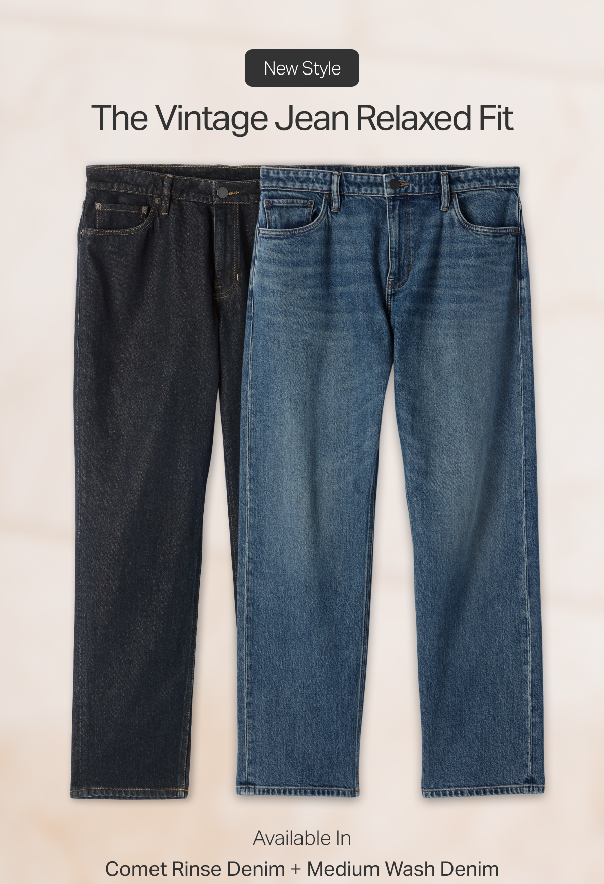 Available in Comet Rinse Denim + Medium Wash Denim