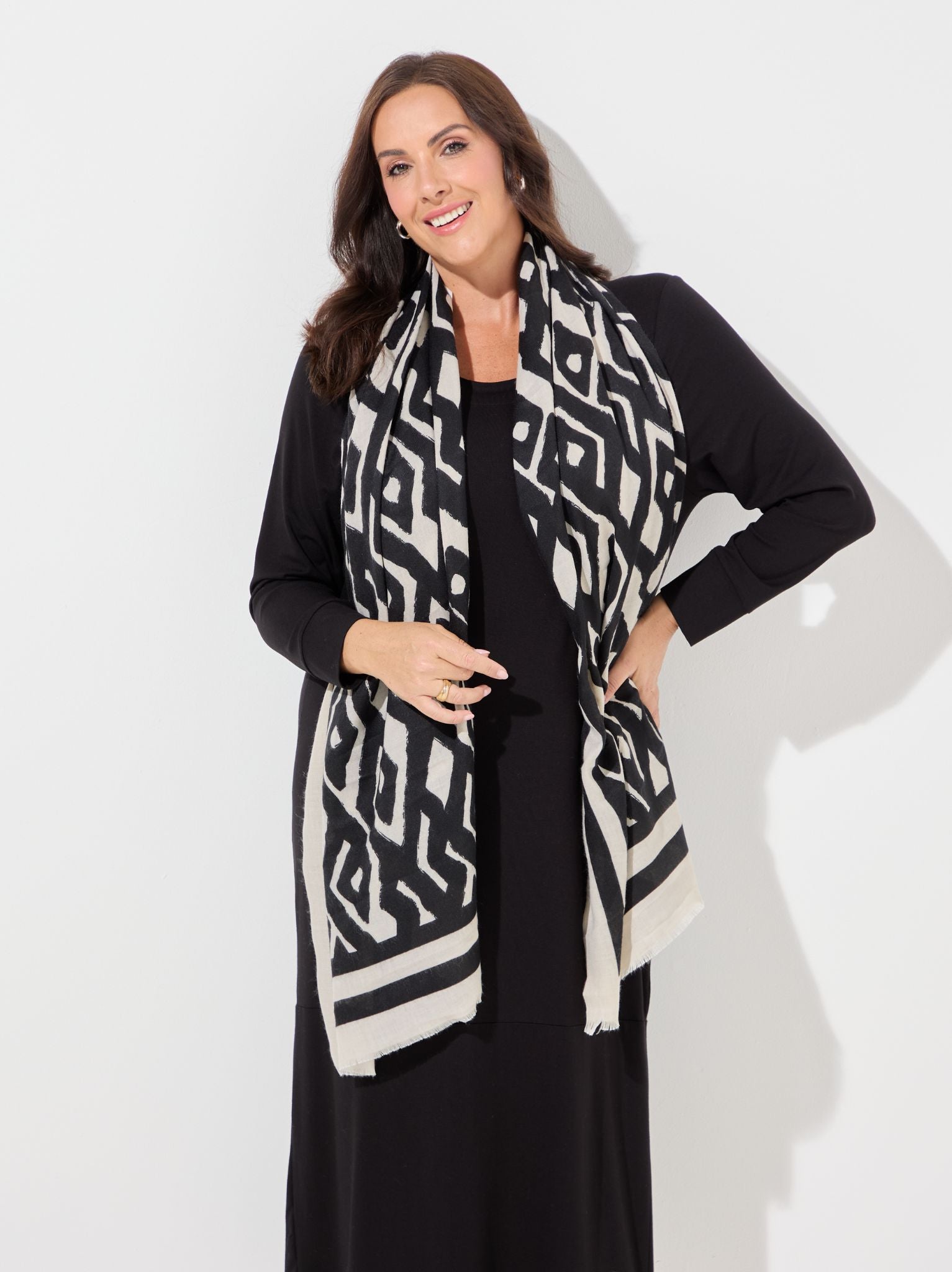 Image of Amber Ecru/black Abstract Print Scarf