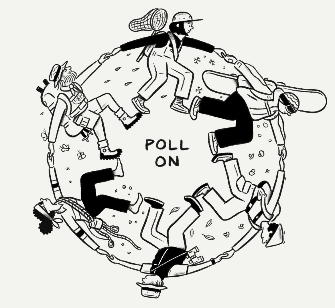 Illustration of outdoor enthusiasts holding hands around a sign that reads &ldquo;Poll On&rdquo;