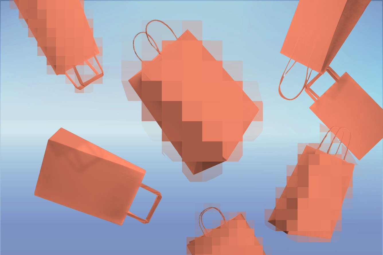 AI Shopping and pixellated shopping bags