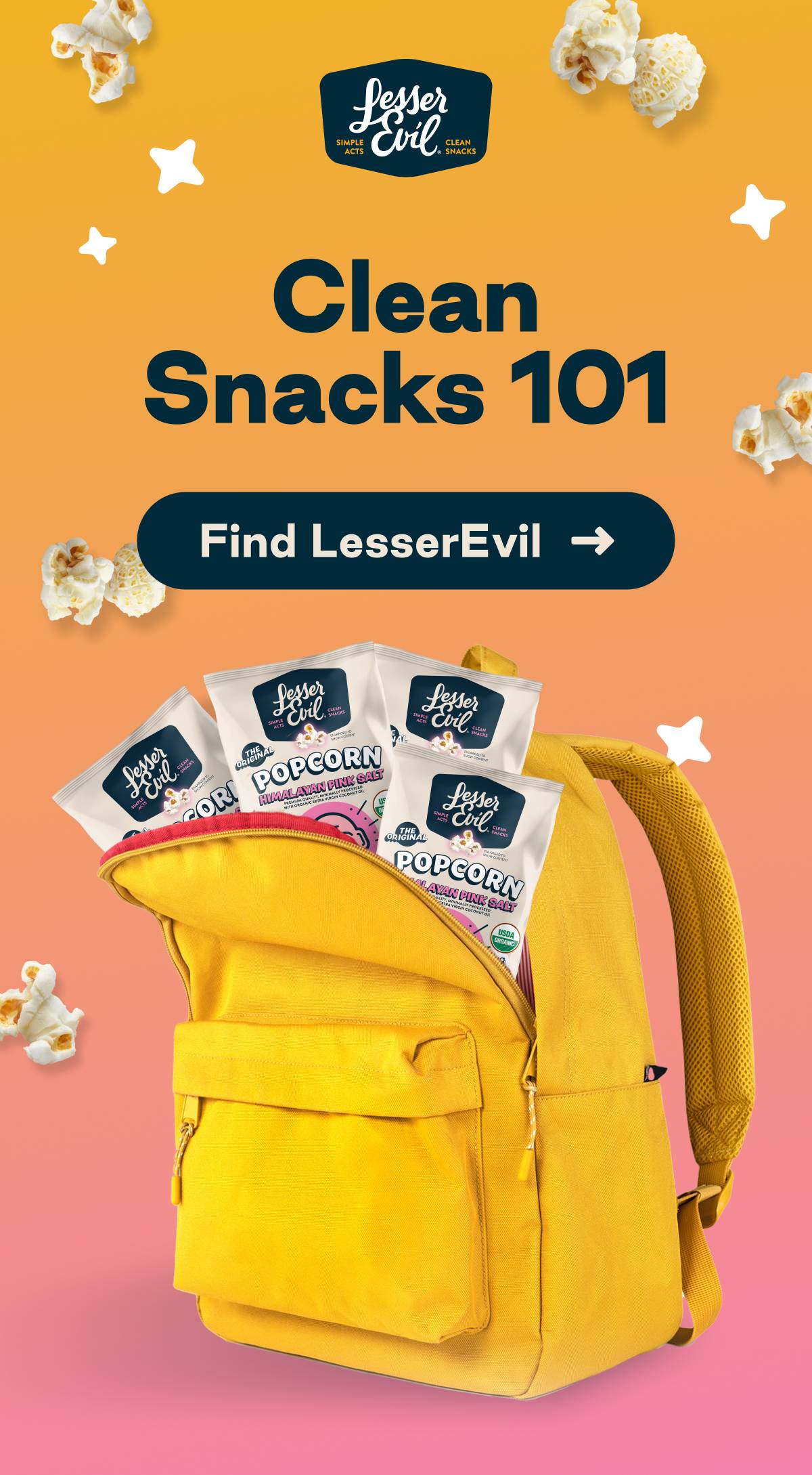Clean Snacks 101. Button: Find LesserEvil