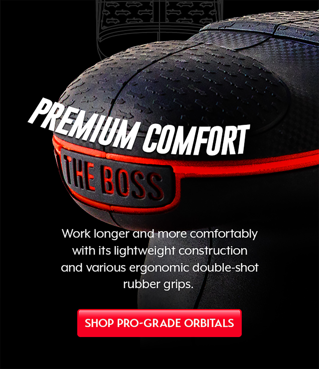 Ergonomic BOSS orbital polisher featuring a lightweight design and double-shot rubber grip for enhanced comfort during extended polishing sessions.