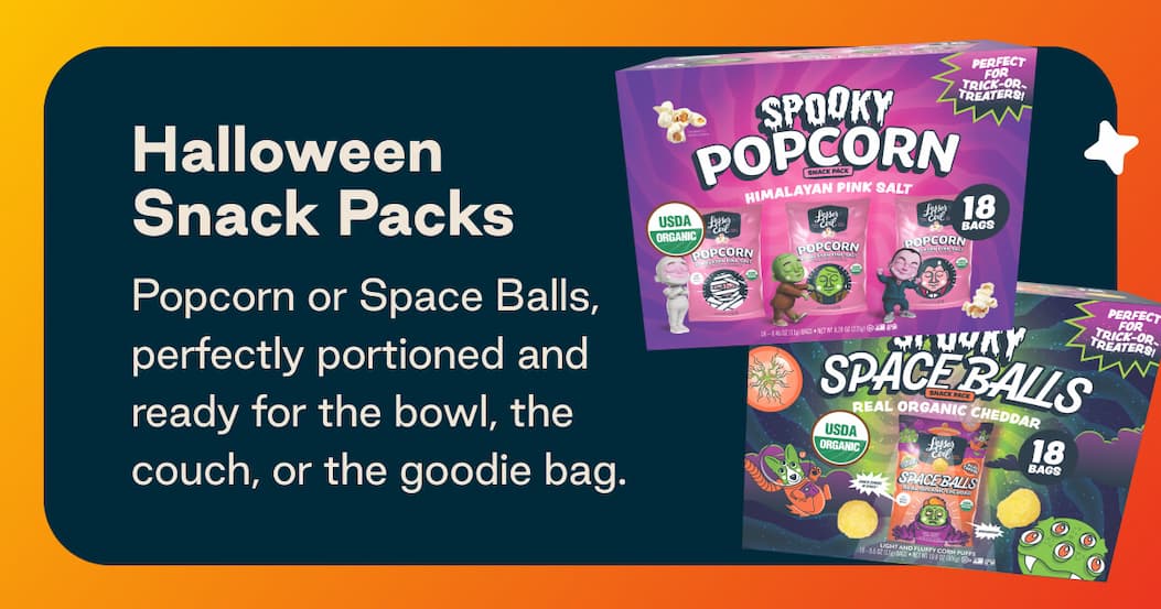 Halloween Snack Packs. Popcorn or Space Balls, perfectly portioned and ready for the bowl, the couch, or the goodie bag. 