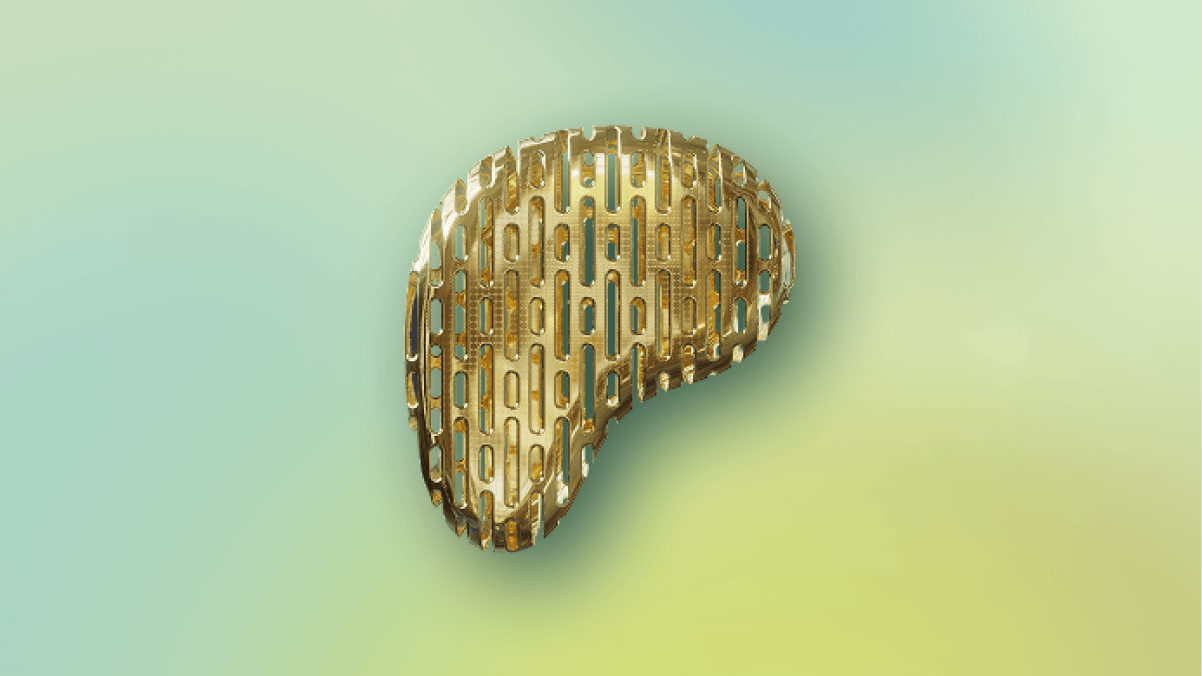 Gold bean-shaped object with grid pattern on green-blue background.