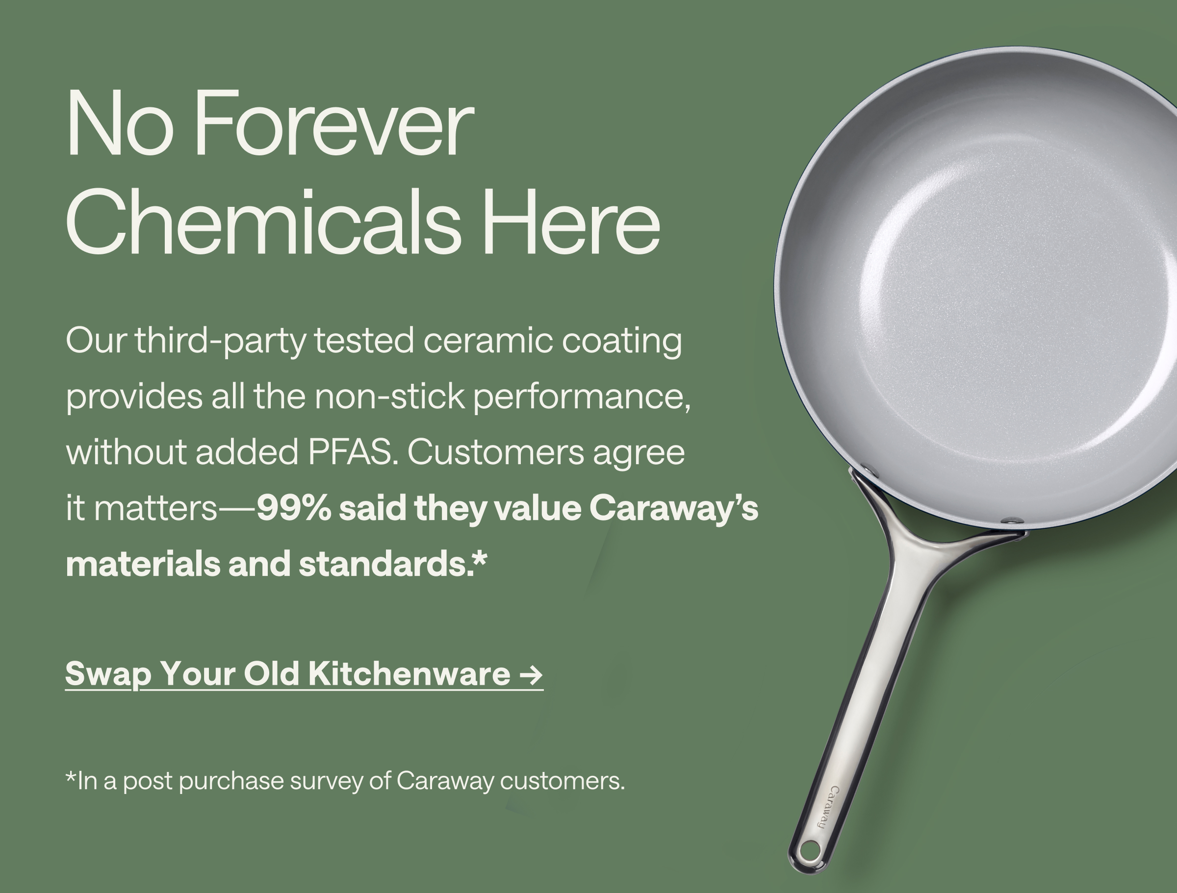 No Forever Chemicals Here Our third-party tested ceramic coating provides all the non-stick performance, without added PFAS. Customers agree it matters&mdash;99% said they value Caraway's materials and standards.* [[Swap Your Old Kitchenware &rarr;]] *In a post purchase survey of Caraway customers.