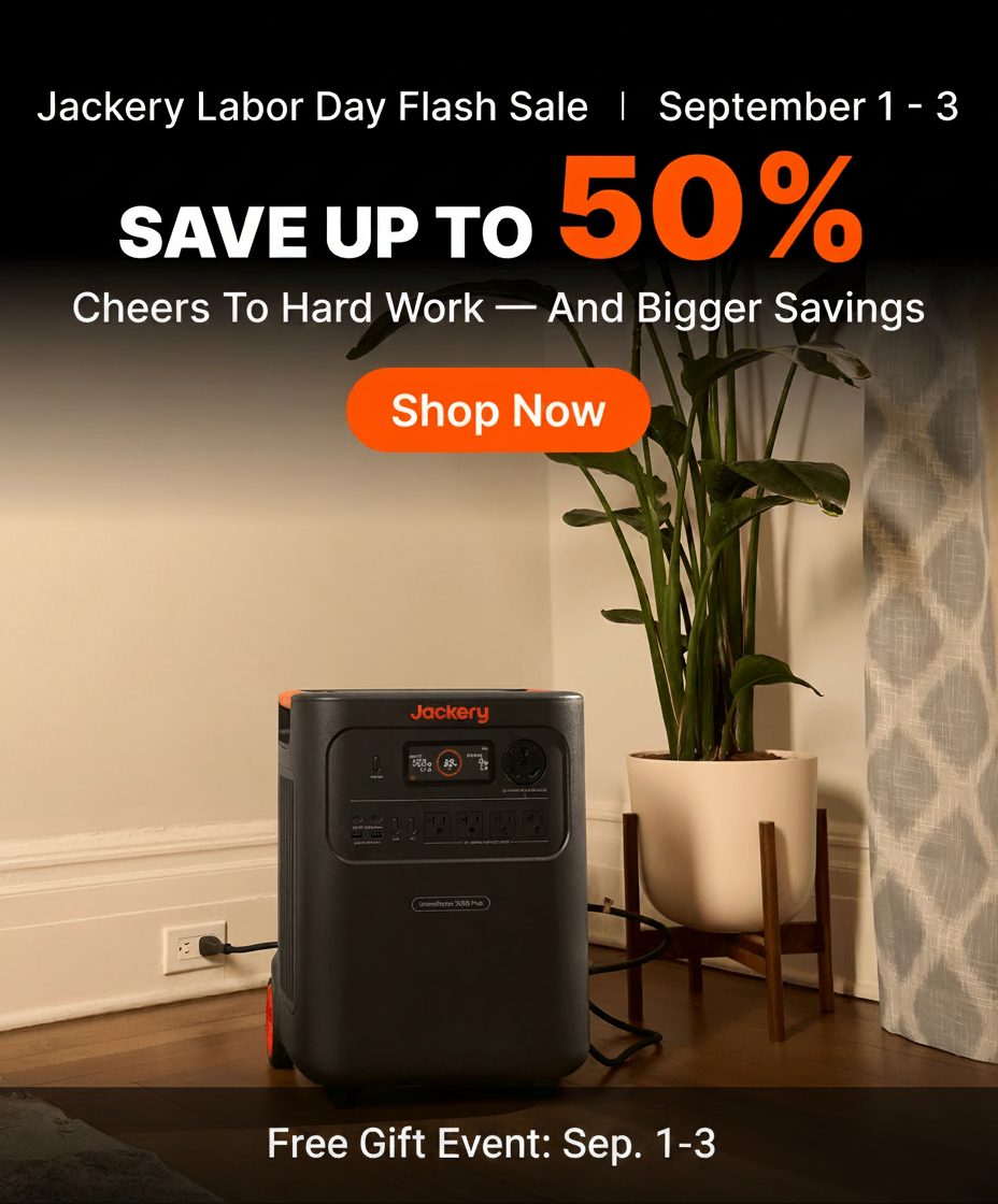 Jackery Labor Day Sale: Save up to 50% with a "Shop Now" button.