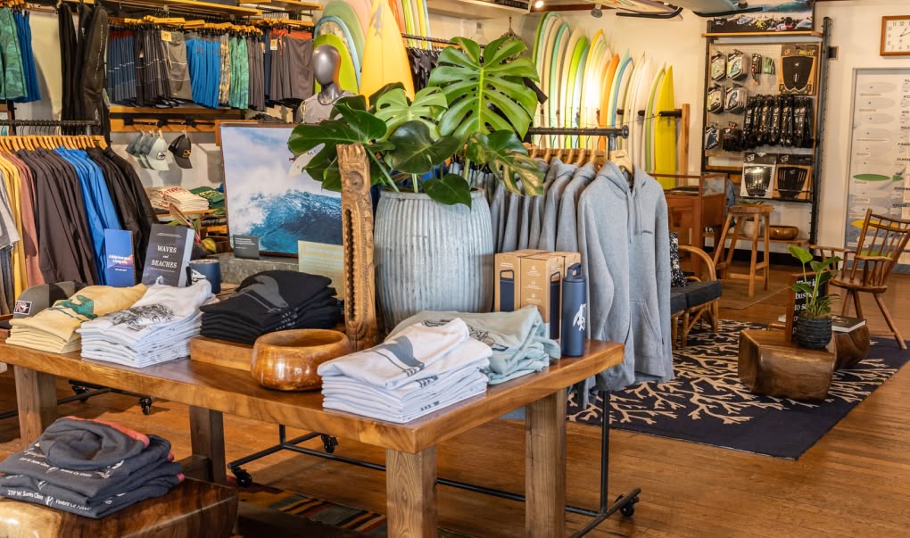 Clothing displays inside a Patagonia retail store.