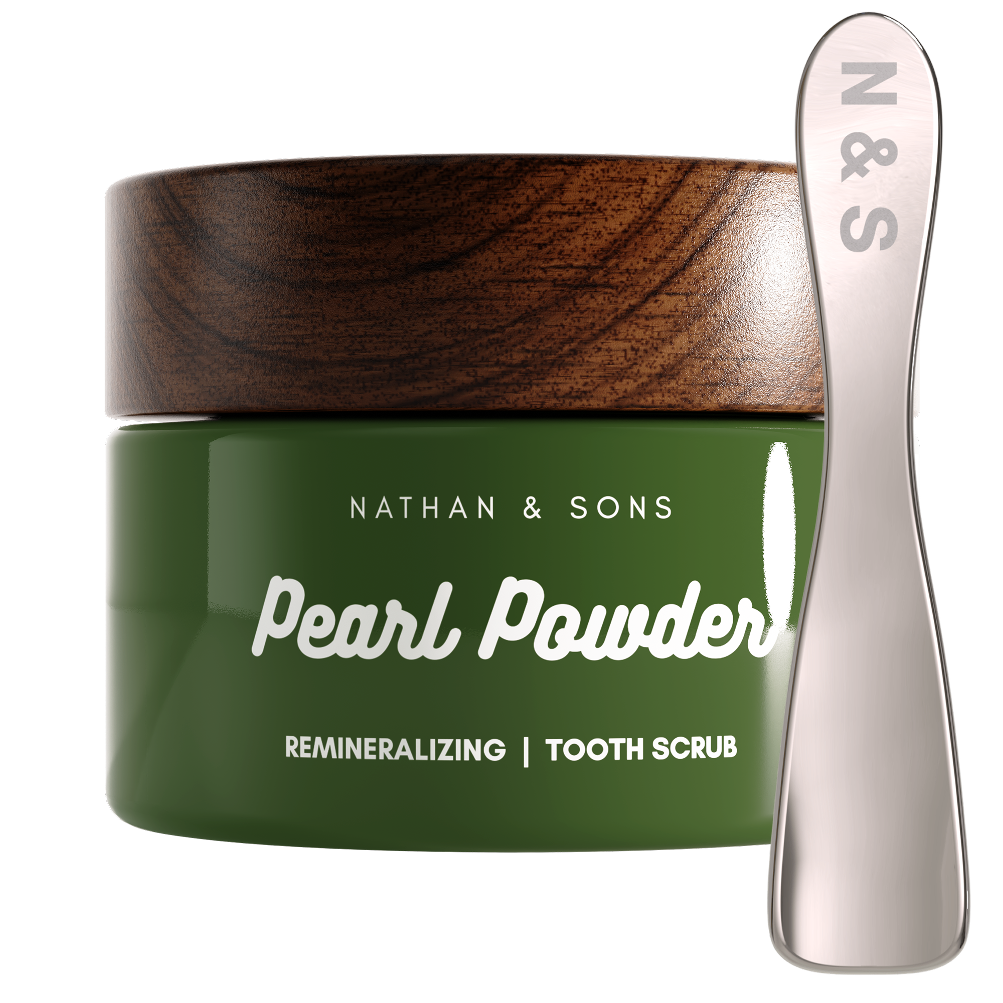 A medium shot shows a green jar with a wooden lid and a silver cosmetic spatula, with text reading 'N & S' on the spatula and 'NATHAN & SONS Pearl Pow...
