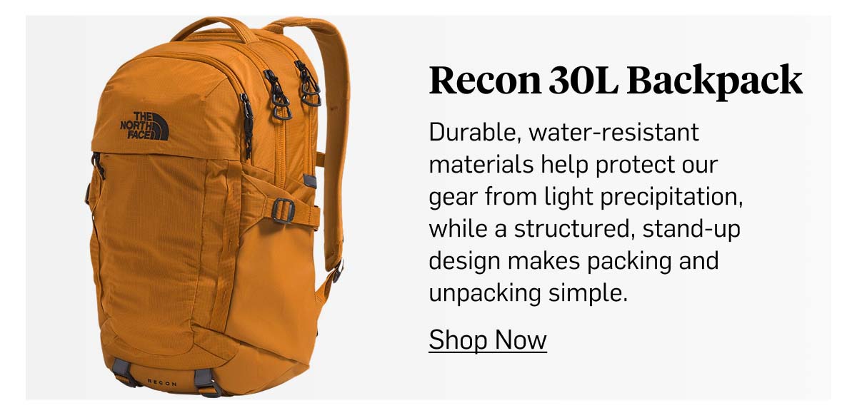 The North Face Recon 30L Backpack: durable, water-resistant materials for light precipitation. Shop Now!