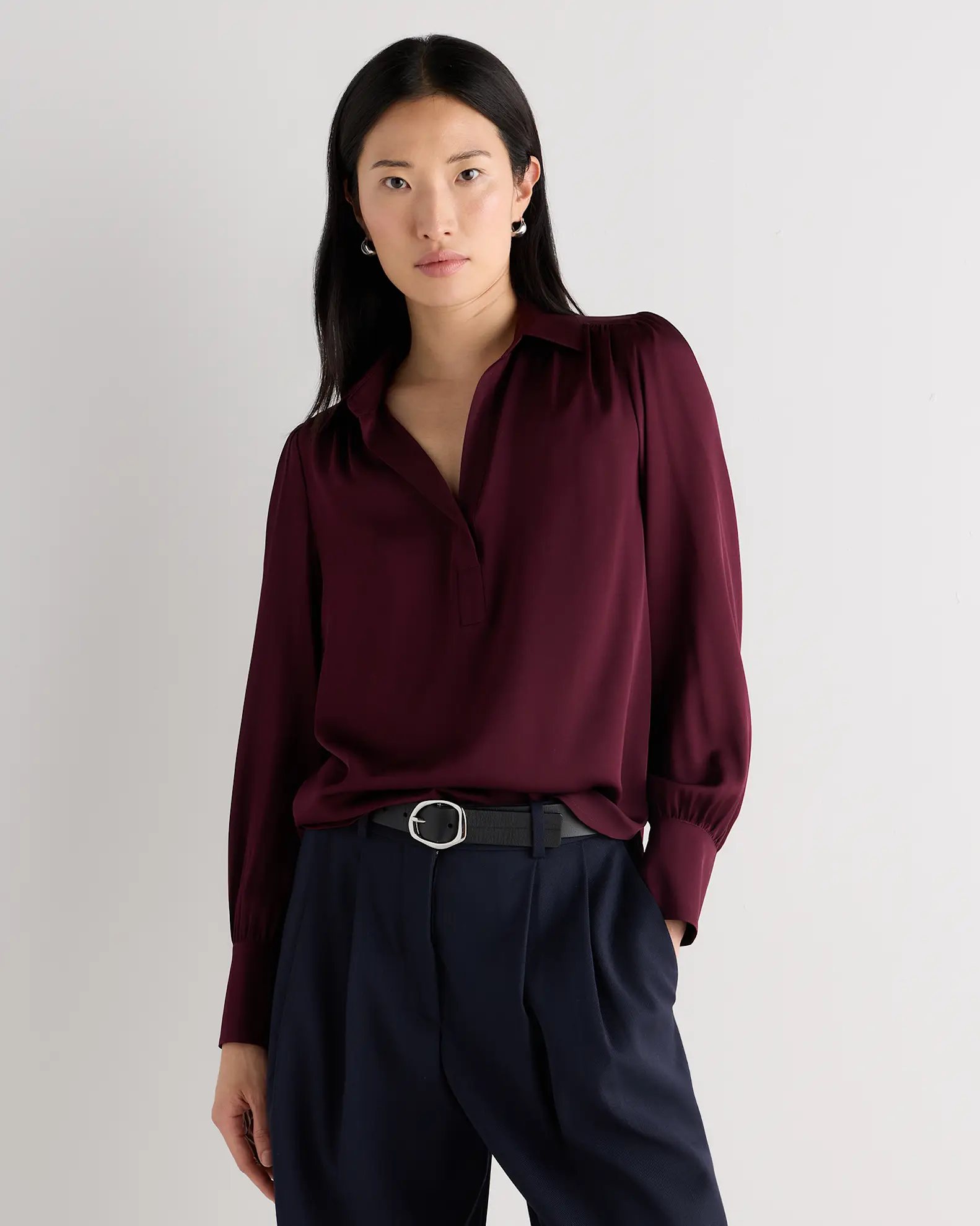 Washable Stretch Silk Split Neck Blouse 