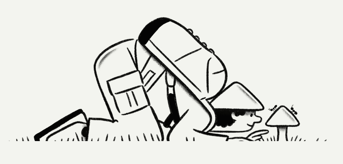 Illusration of a person close to the ground, admiring some ants traversing over a mushroom.