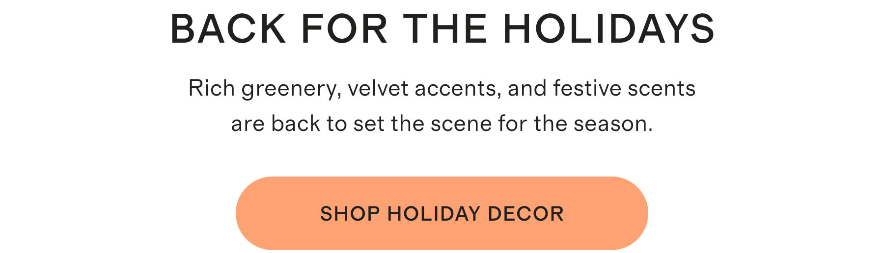 BACK FOR THE HOLIDAYS | Rich greenery, velvet accents, and festive scents are back to set the scene for the season. | SHOP HOLIDAY DECOR