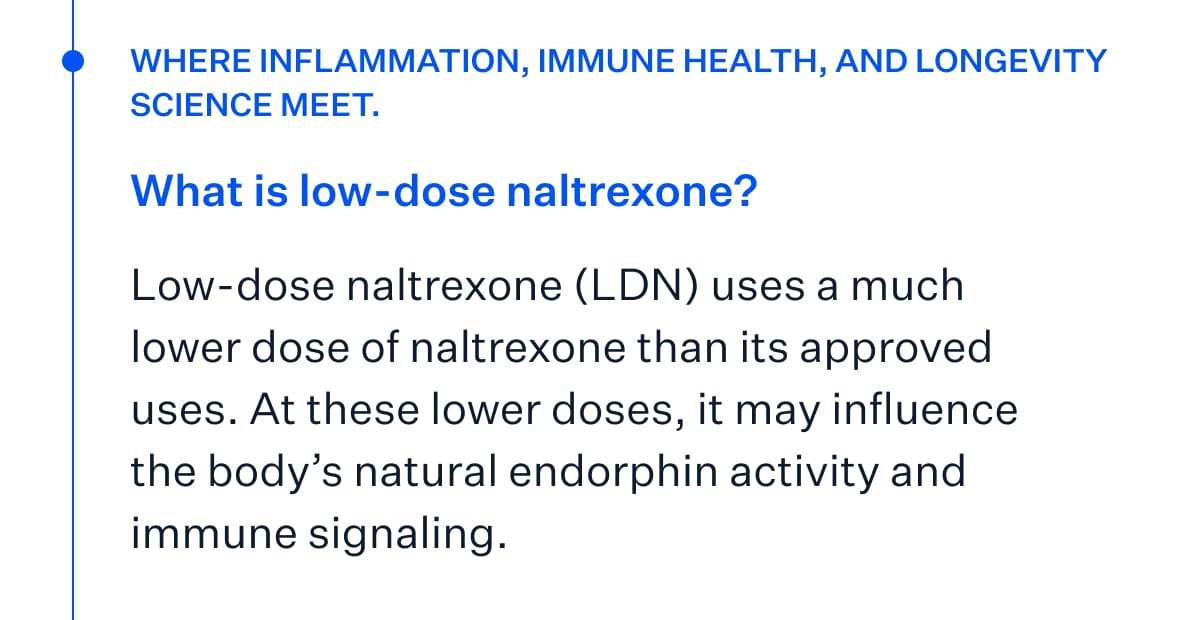 Where inflammation, immune health, and longevity science meet. What is low-dose naltrexone? Low-dose naltrexone (LDN) uses a much lower dose of naltrexone than its standard approved uses. At these lower doses, it may influence the body&rsquo;s natural endorphin activity and immune signaling.