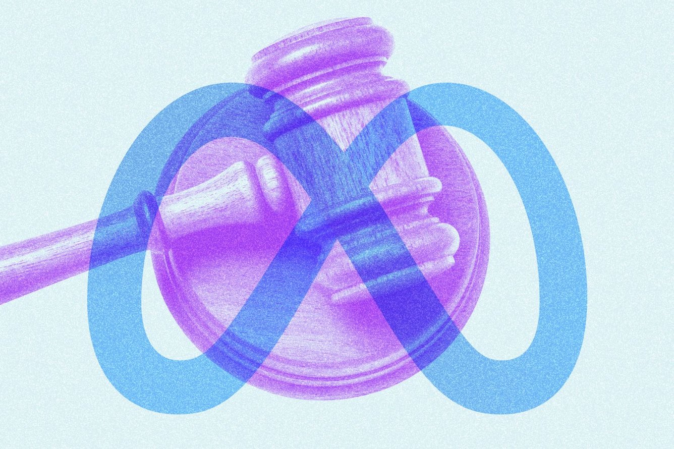 Photo collage of a judge's gavel resting on its sound block superimposed over the Meta logo.