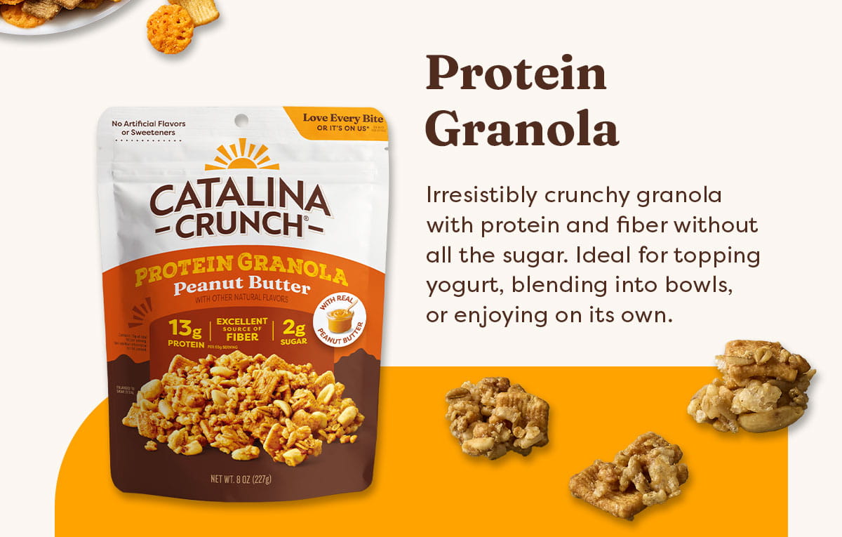 Protein Granola - Irresistibly crunchy granola with protein and fiber without all the sugar. Ideal for topping yogurt, blending into bowls, or enjoying on its own.