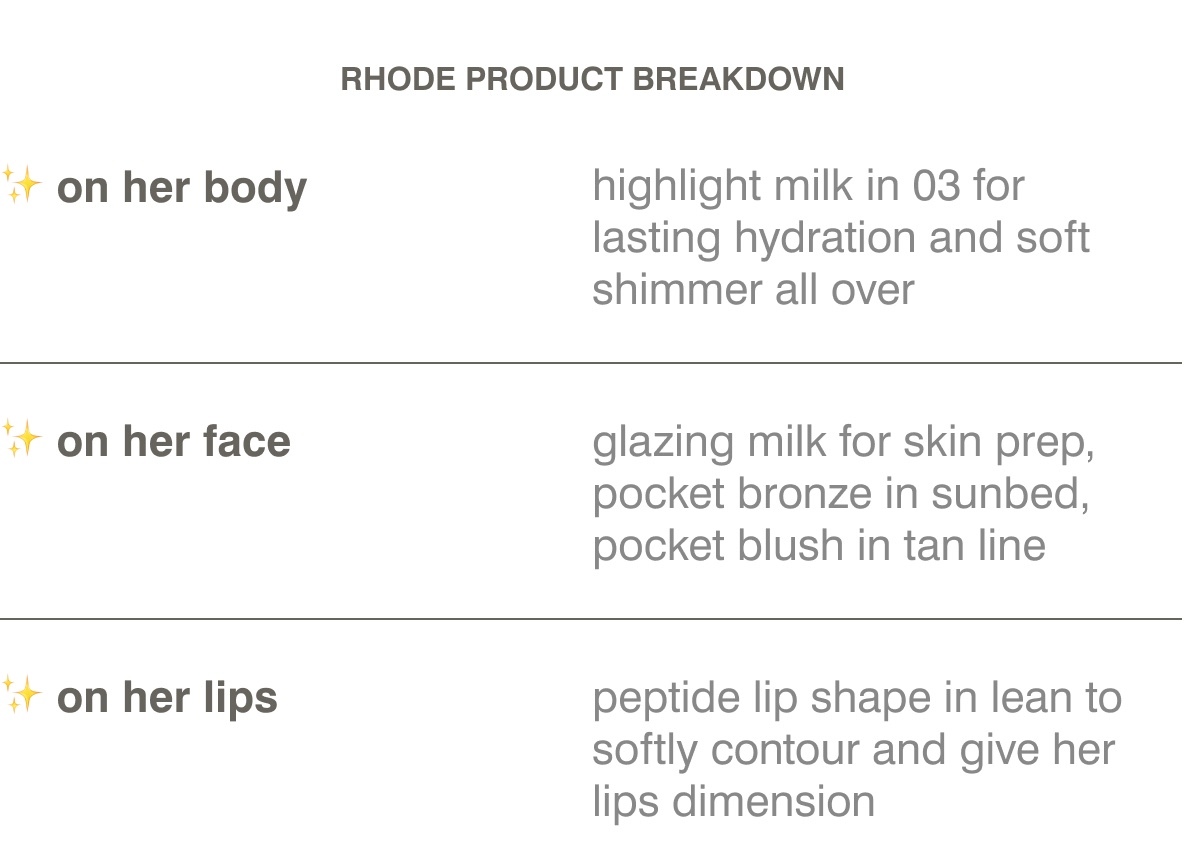 RHODE PRODUCT BREAKDOWN - on her body: highlight milk in 03 for lasting hydration and soft shimmer all over. on her face: glazing milk for skin prep, pocket bronze in sunbed, pocket blush in tan line. on her lips: peptide lip shape in lean to softly contour and give her lips dimension 