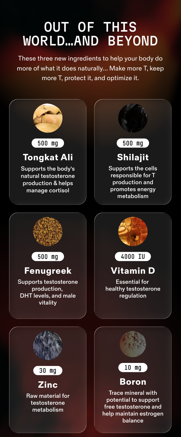 Boost ingredients: Tongkat Ali, Shilajit, Fenugreek, and Vitamin D.