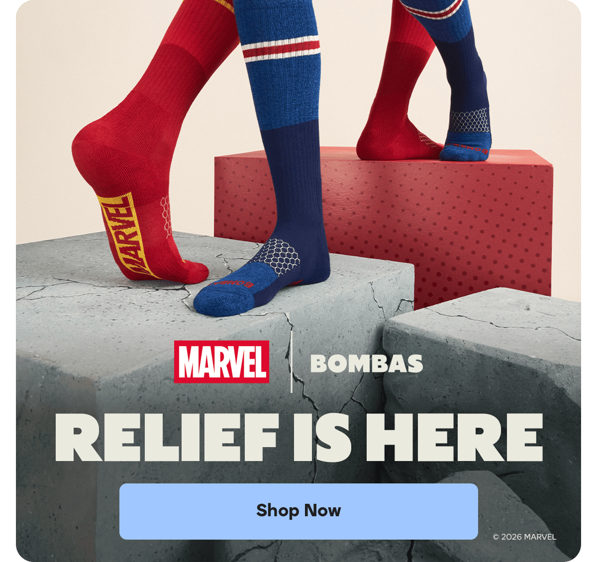 MARVEL | BOMBAS. RELIEF IS HERE. Shop Now. &copy; 2026 MARVEL