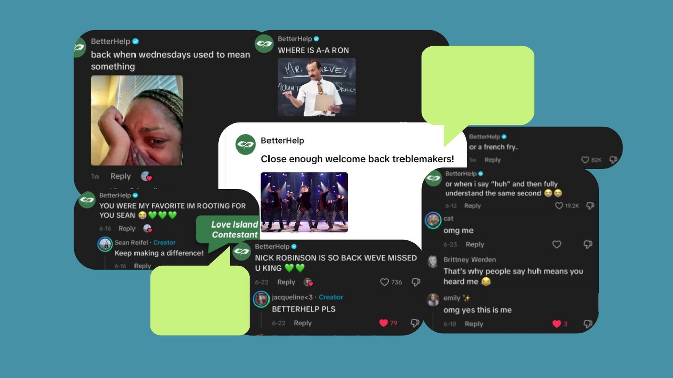 Screenshots of BetterHelp's comments coupled together in a collage. 