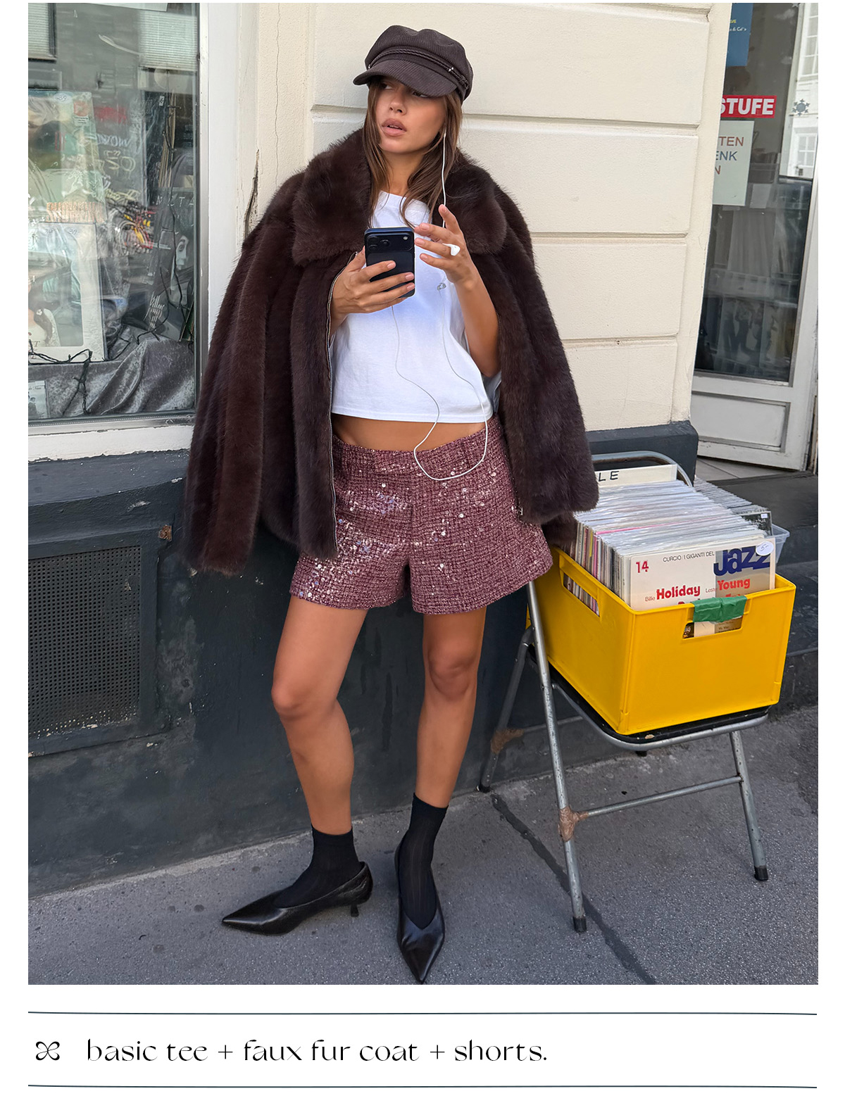 basic tee + faux fur coat + shorts.