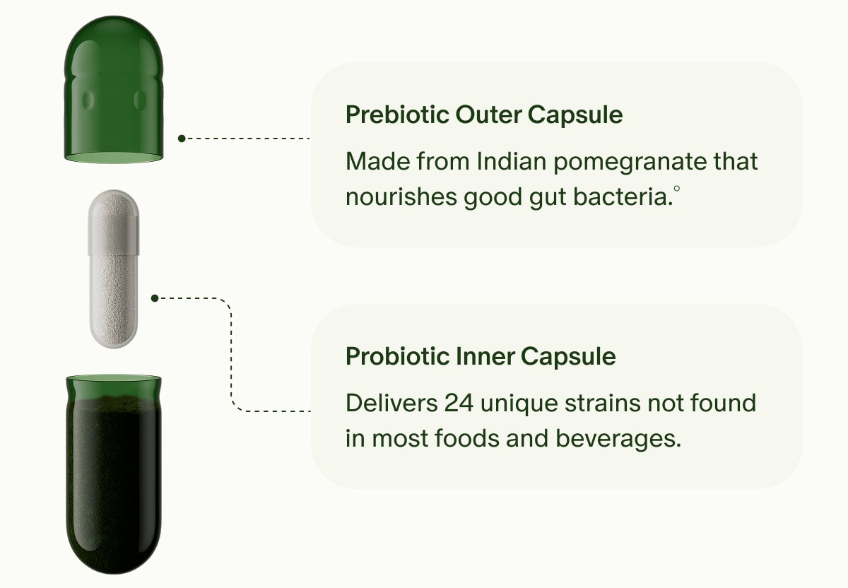 Prebiotic Outer Capsule | Made from Indian pomegranate that nourishes good gut bacteria.&deg; | Probiotic Inner Capsule | Delivers 24 unique strains not found in most foods and beverages.