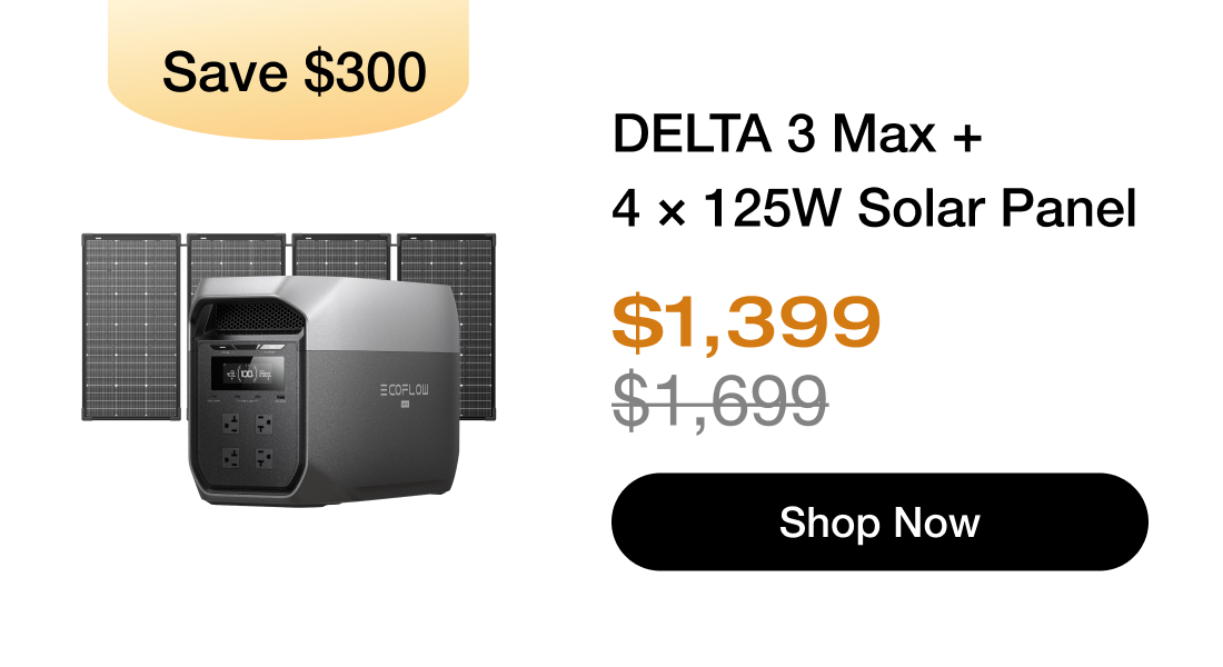 "Save $300 "	"DELTA 3 Max + 4 &times; 125W Solar Panel $1,399 $1,699 Shop Now"	