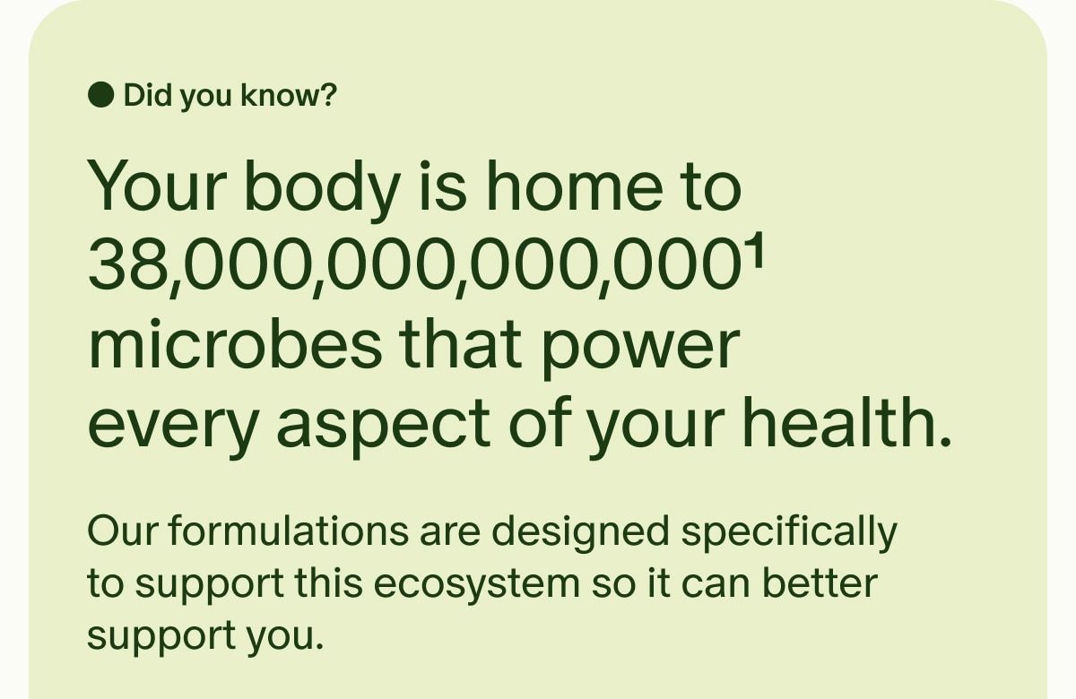 Did you know? | Your body is home to 38,000,000,000,0001 microbes that power every aspect of your health. | Our formulations are designed specifically to support this ecosystem so it can better support you.