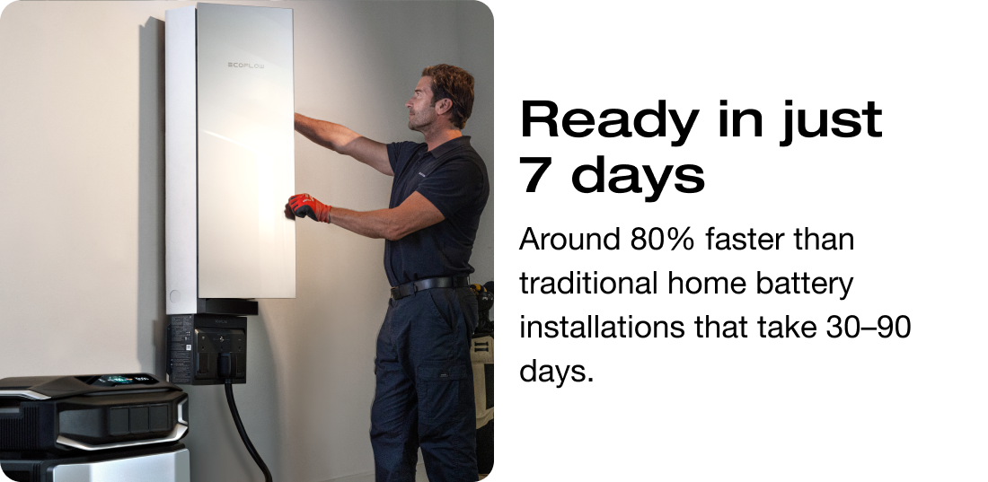 "Ready in just 7 days Around 80% faster than traditional home battery installations that take 30&ndash;90 days."	