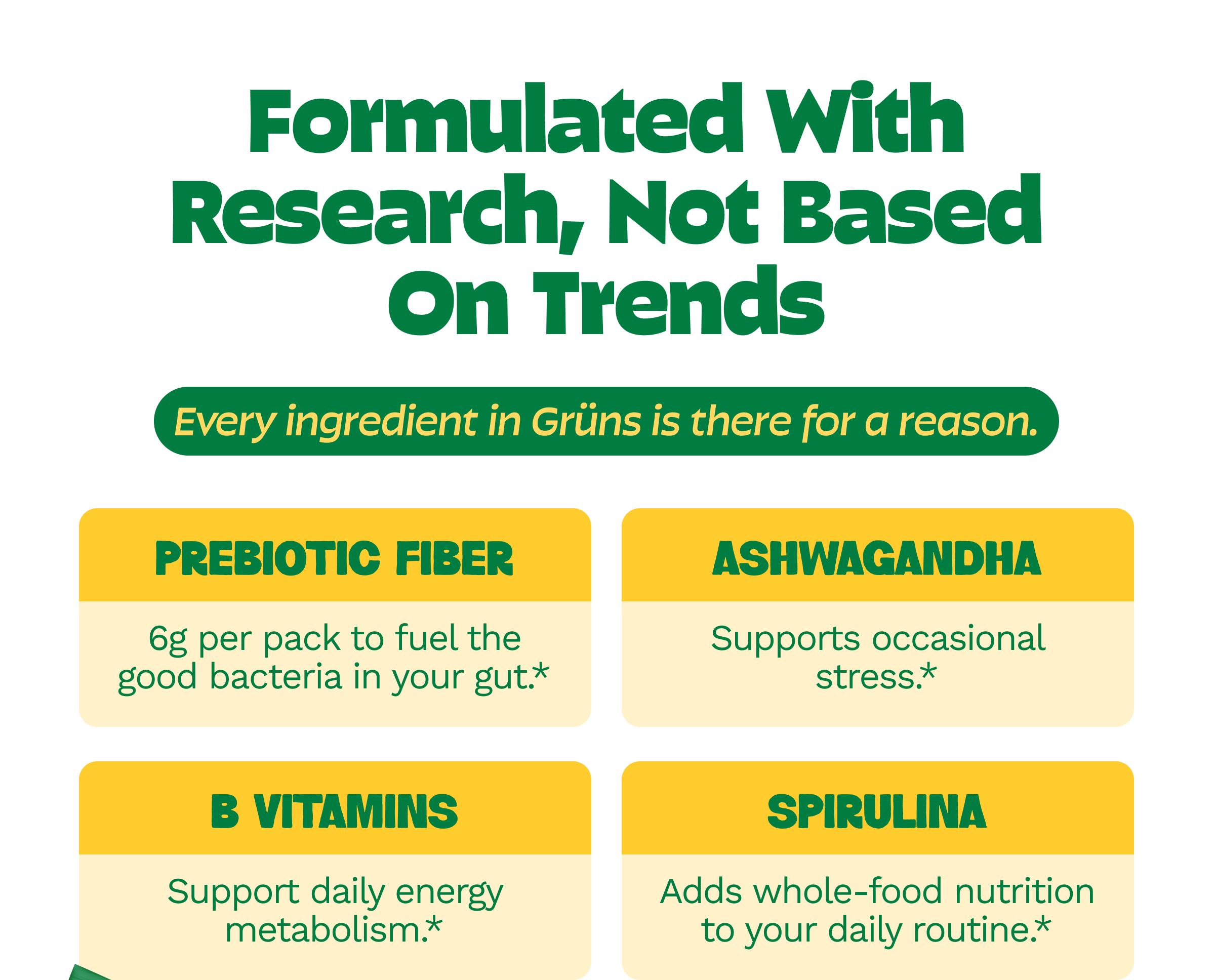 Formulated with Research, Not Based on Trends. Every Ingredient in Gr&uuml;ns is There for a Reason. Prebiotic Fiber: 6g Per Pack to Fuel the Good Bacteria in Your Gut.* Ashwagandha: Supports Occasional Stress.* B Vitamins: Support Daily Energy Metabolism.* Spirulina: Adds Whole-Food Nutrition to Your Daily Routine.*