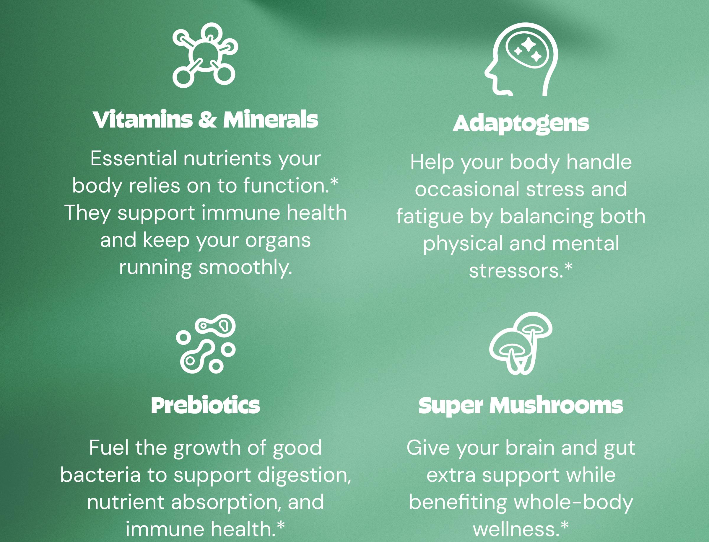 Vitamins & Minerals - Essential Nutrients Your Body Relies on to function.* They Support Immune Health and Keep Your Organs Running Smoothly. Adaptogens - Help Your Body Handle Occasional Stress and Fatigue by Balancing Both Physical and Mental stressors.* Prebiotics - Fuel the Growth of Good Bacteria to Support Digestion, Nutrient Absorption, and Immune health.* Super Mushrooms - Give Your Brain and Gut Extra Support While Benefiting Whole-Body wellness.*
