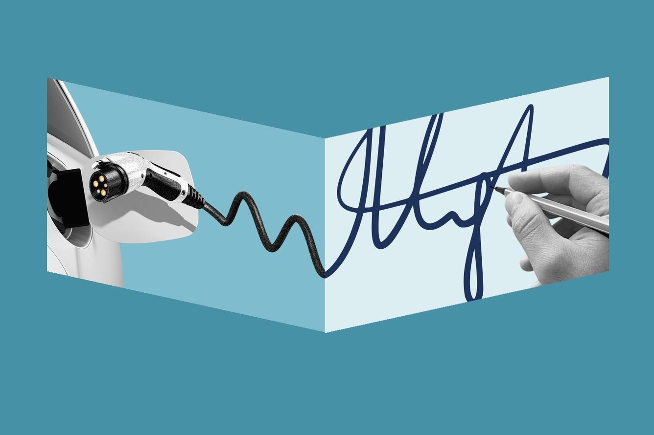 A split image of an electric vehicle charger turning into a signature being written by hand