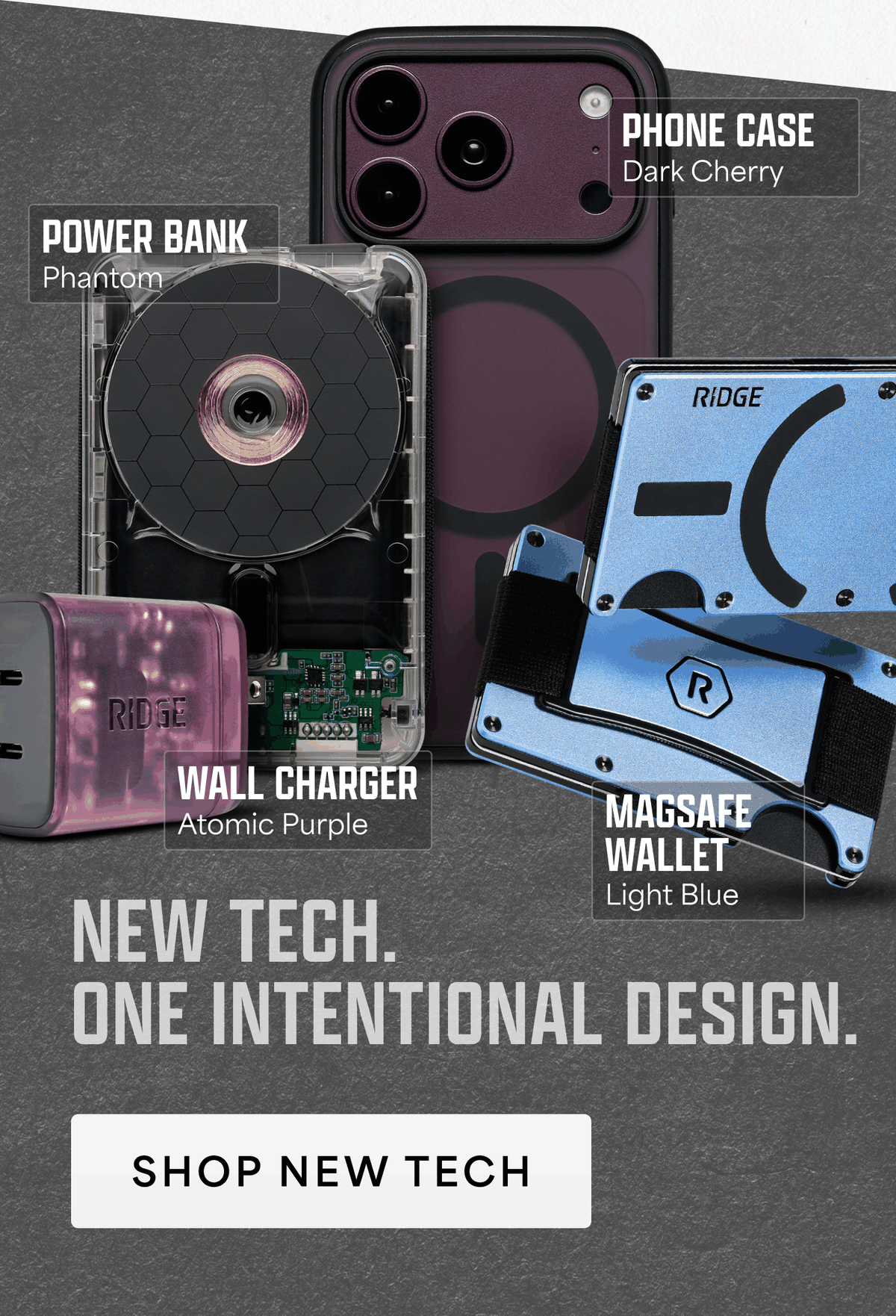 New tech. One intentional design. Phone case in Dark Cherry, power bank in Phantom, wall charger in Atomic Purple, MagSafe wallet in Light Blue. Shop new tech