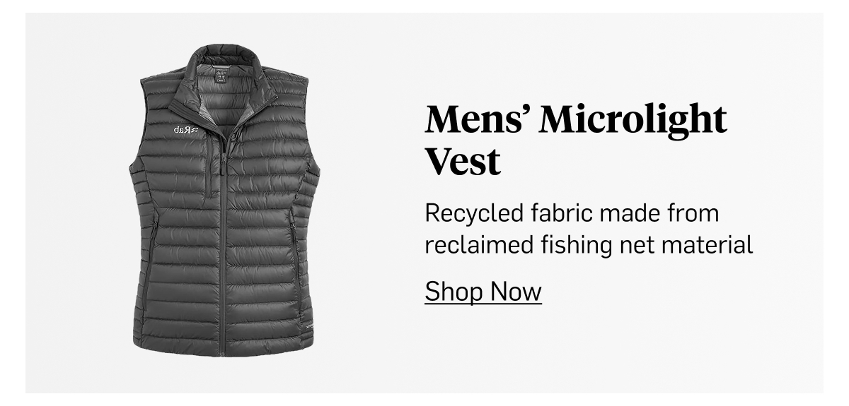 Rab Men's Microlight Vest: recycled down made from reclaimed fishing net material. Shop Now