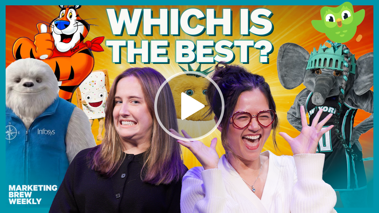 Marketing Brew Weekly podcast hosts surrounded by famous brand mascots like Tony the Tiger and the Duolingo bird.