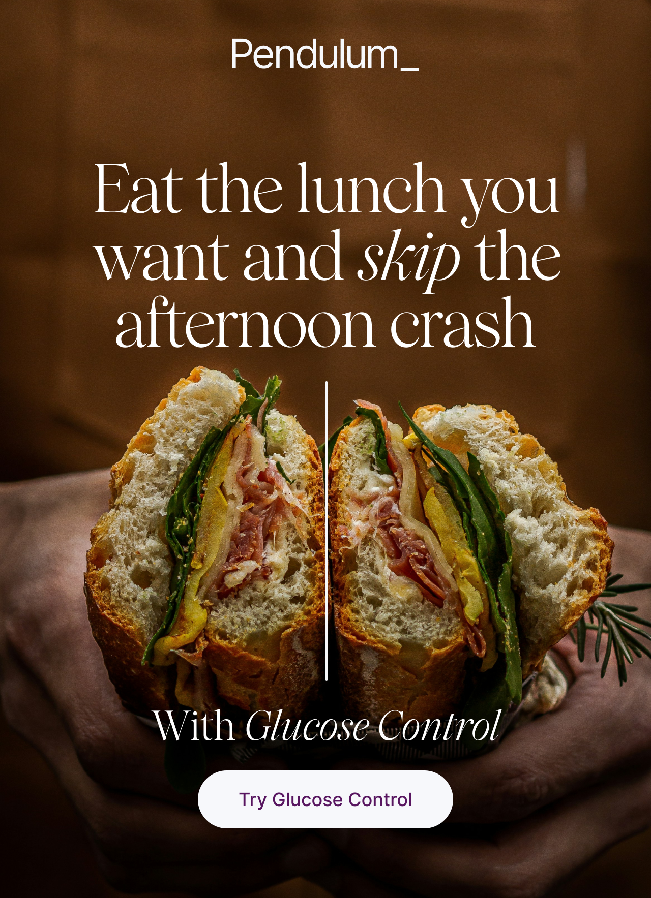 Eat the lunch you want and skip the afternoon crash. With Glucose Control. A sandwich held in two hands. Try Glucose Control.