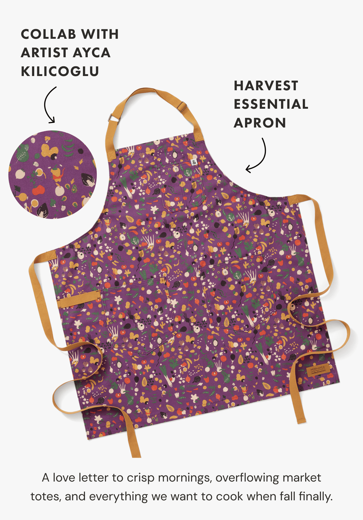 Collab with artist Ayca Kilicoglu | Harvest Essential Apron | A love letter to crisp mornings, overflowing market totes, and everything we want to cook when fall finally.
