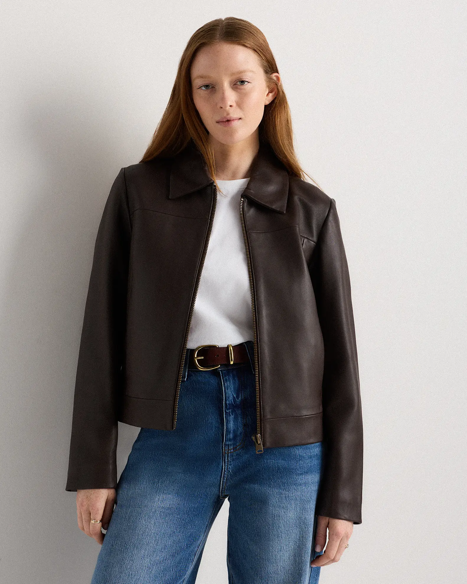 100% Leather Cropped Zip-Front Jacket