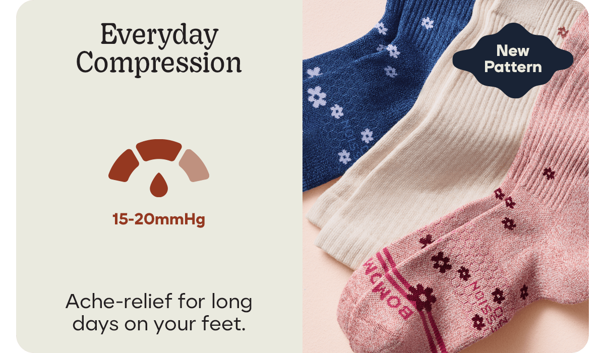 Everyday Compression. New Pattern. 15-20mmHg. Ache-relief for long days on your feet.