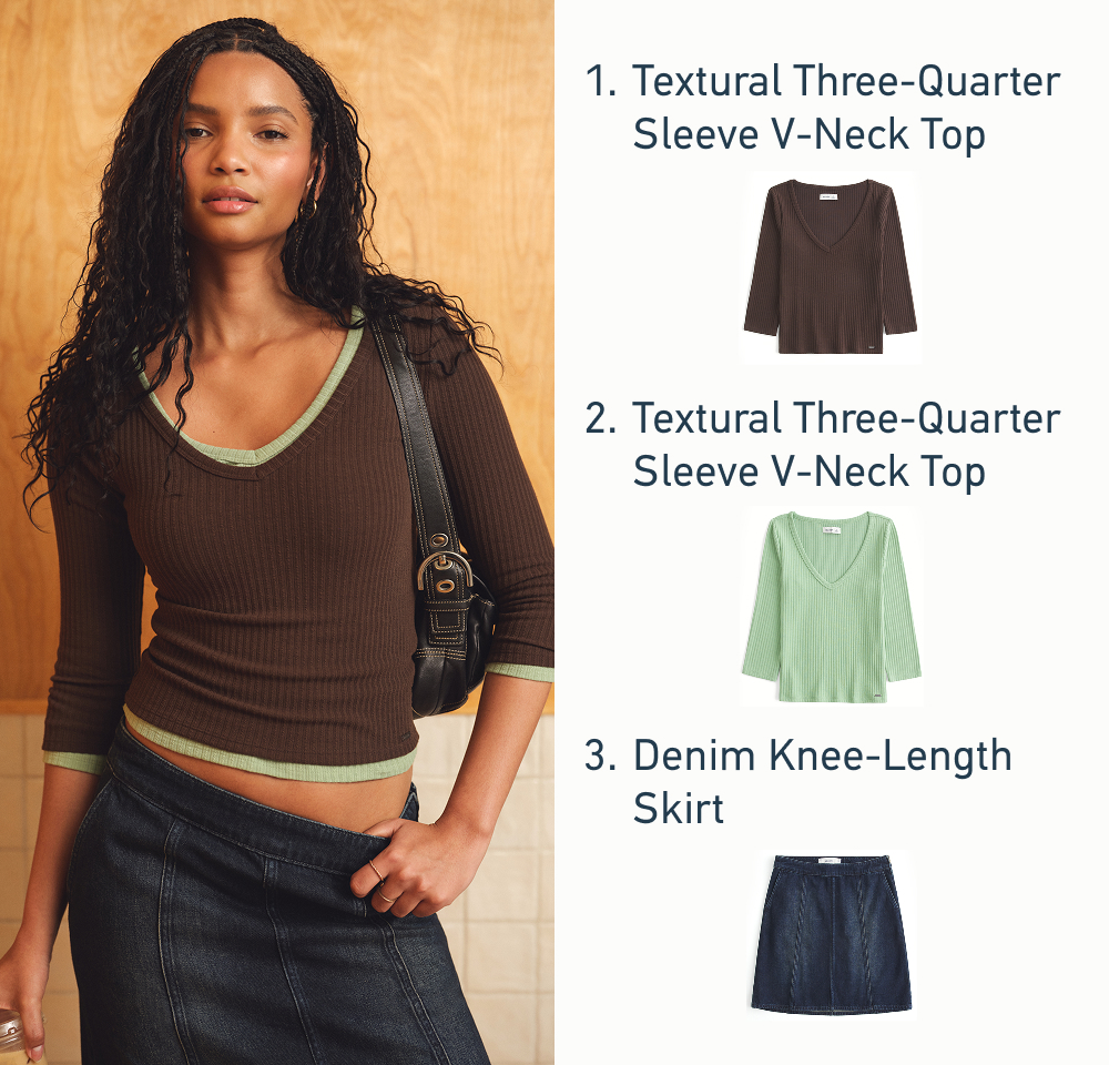 1. Textural Three-Quarter Sleeve V-Neck Top   2. Textural Three-Quarter Sleeve V-Neck Top   3. Denim Knee-Length Skirt