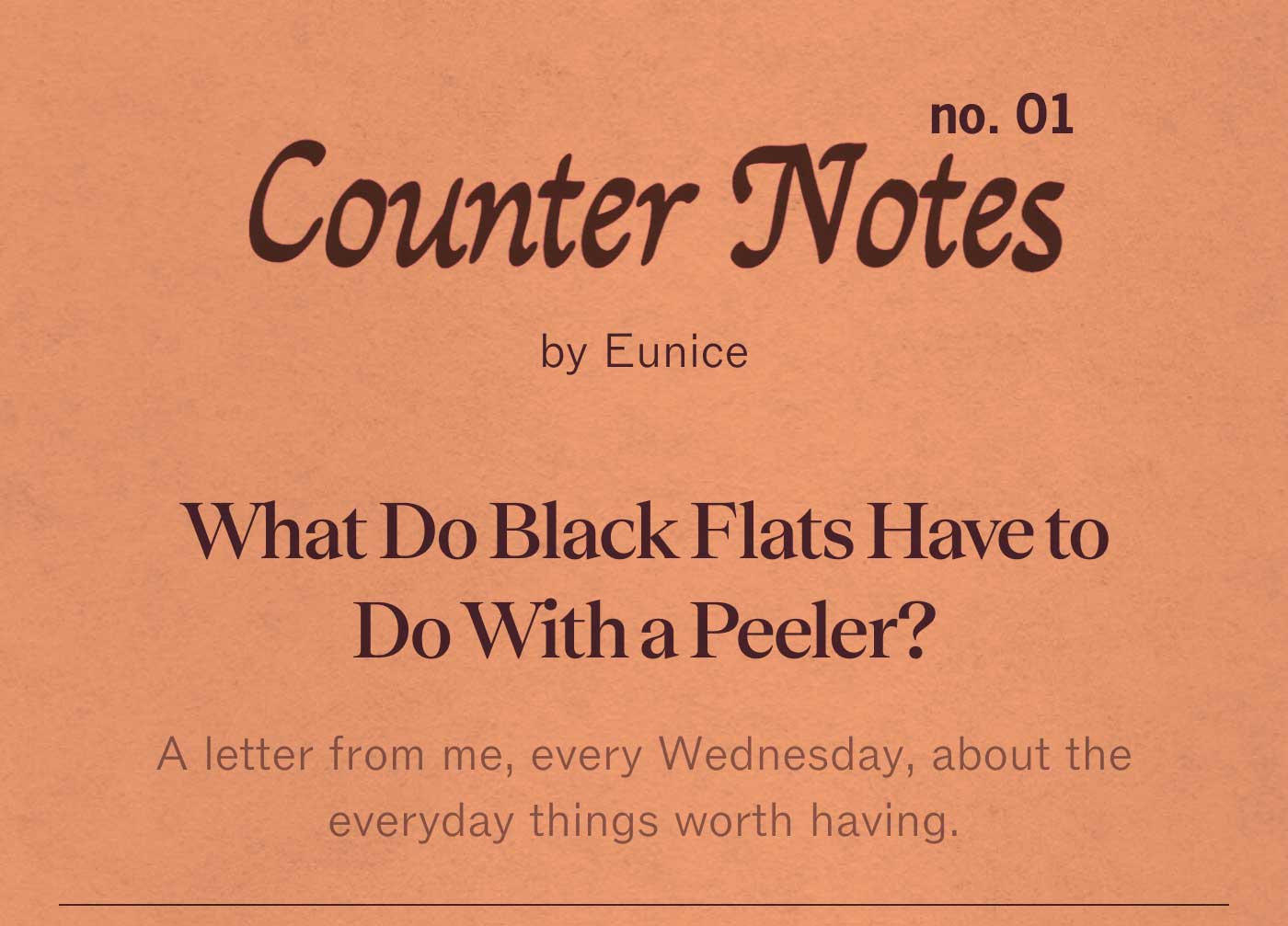 Counter Notes no. 01 by Eunice  What Do Black Flats Have to Do With a Peeler? A letter from me, every Wednesday, about the everyday things worth having.