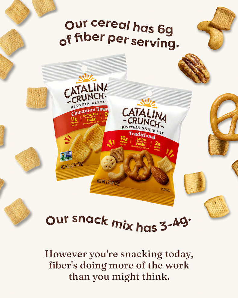 Our cereal has 6g of fiber per serving.  Our snack mix has 3-4g. However you're snacking today, fiber's doing more of the work than you might think. 