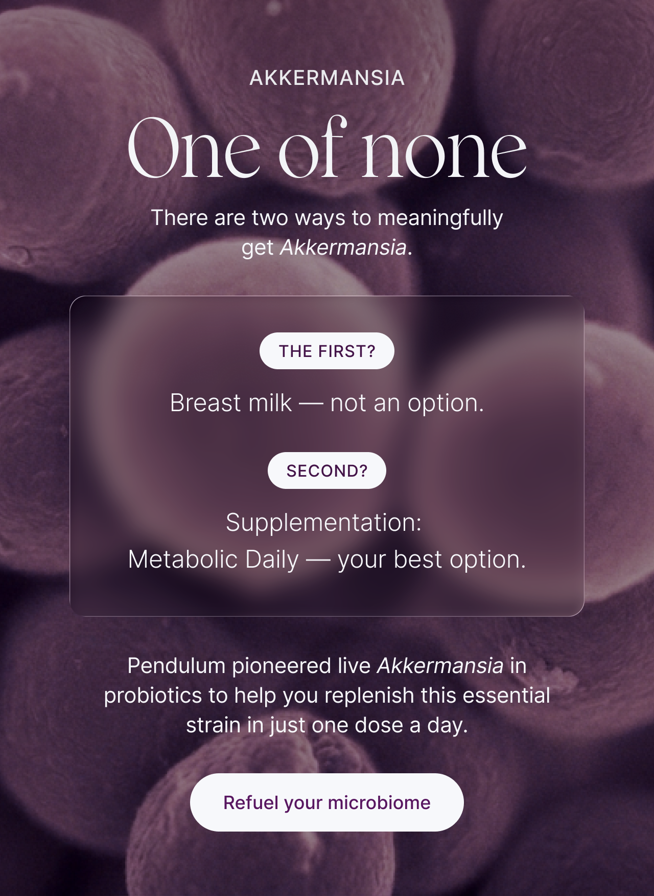 Akkermansia: One of none. There are two ways to meaningfully get Akkermansia. The first? Breast milk &mdash; not an option. Second? Supplementation: Metabolic Daily &mdash; your best option. Pendulum pioneered live Akkermansia in probiotics to help you replenish this essential strain in just one dose a day. Refuel your microbiome