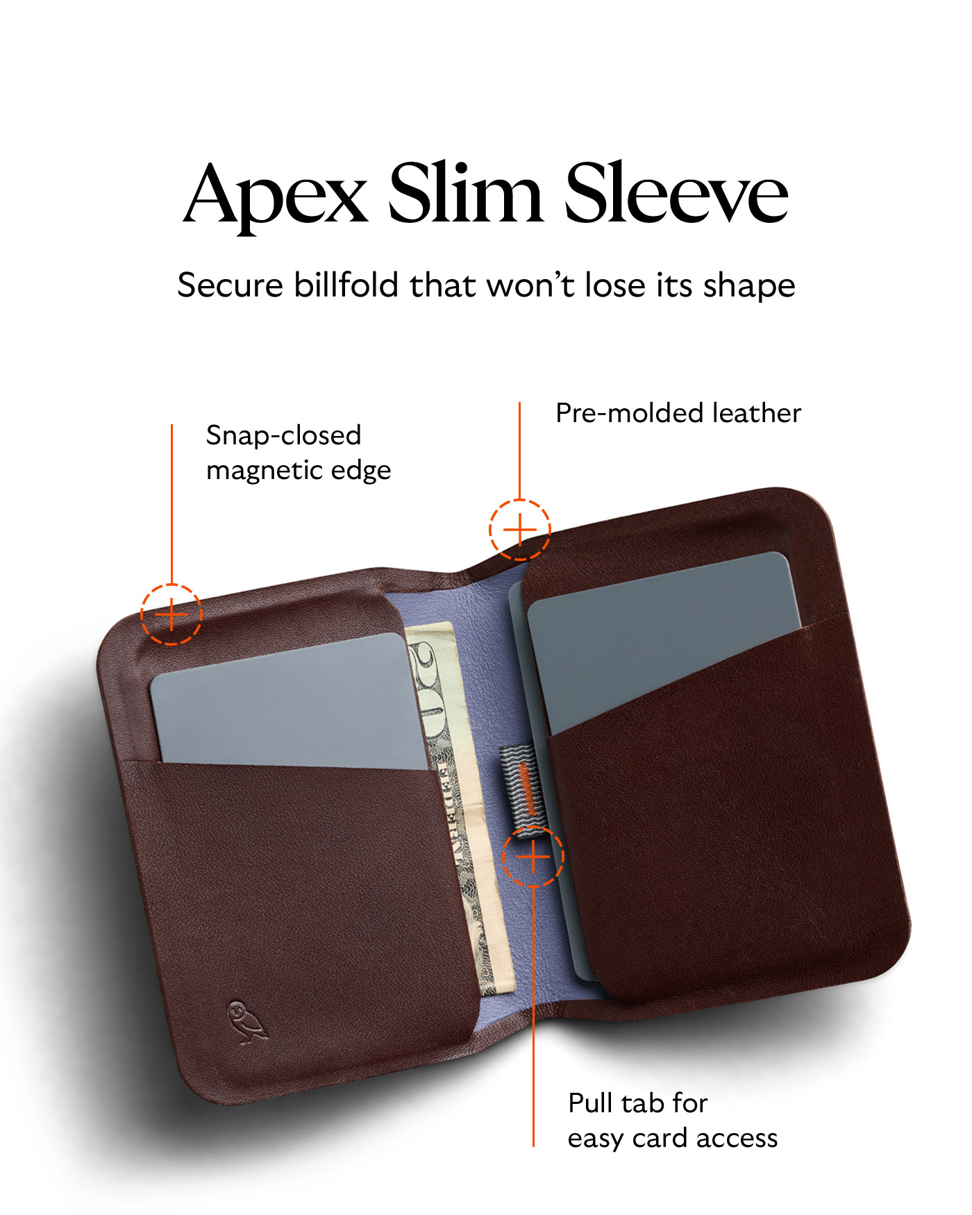 [Header] Apex Slim Sleeve [Subhead] Secure billfold that won&rsquo;t lose its shape [Feature arrows] Pre-molded leather  Snap-closed magnetic edge Pull tab for easy card access
